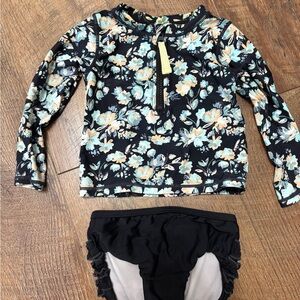 Ruffle Butts Black Floral Long-Sleeve Rashguard with Aqua & Cream Flowers